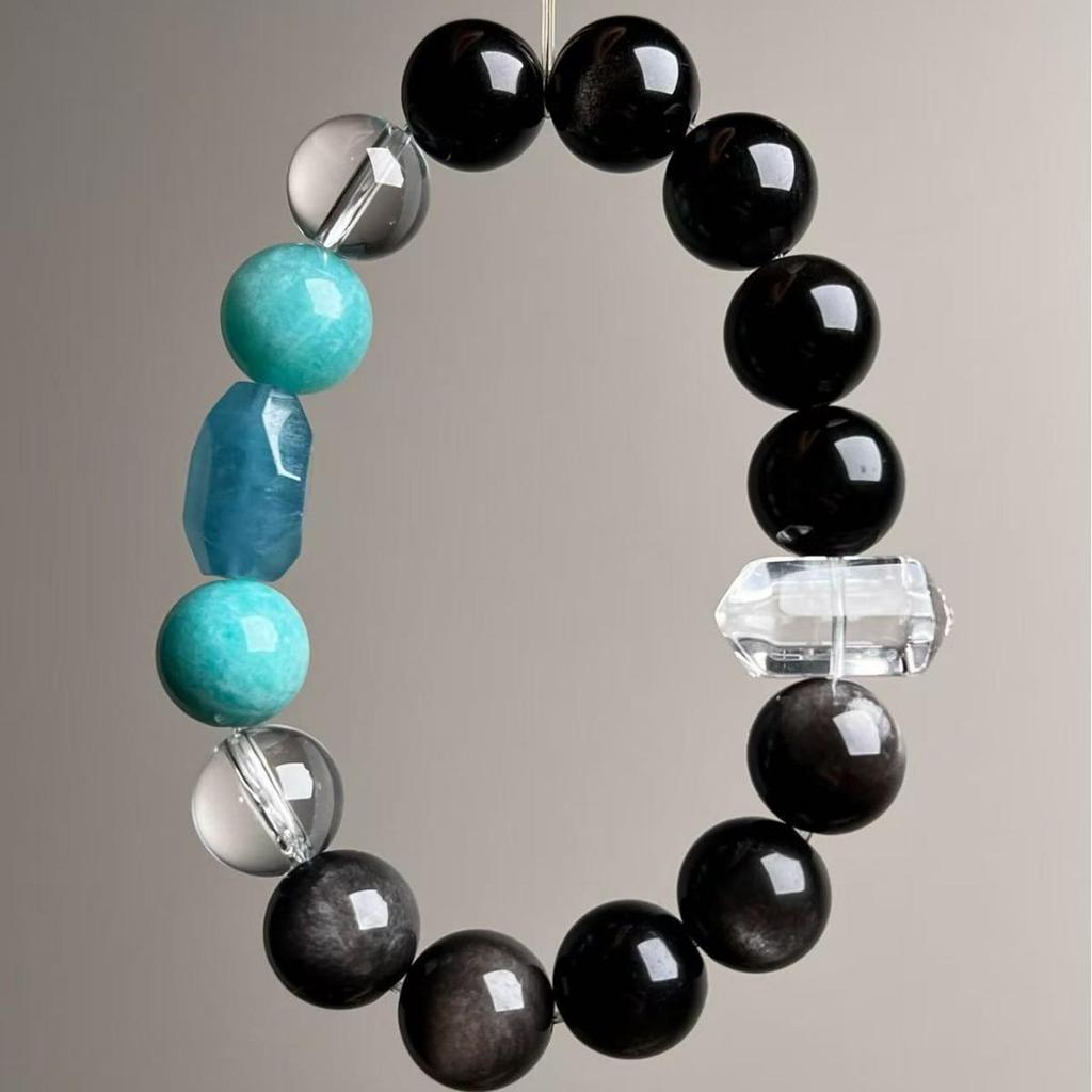 Silver Obsidian & Aquamarine Crystal Unisex Qi Focus Bestseller