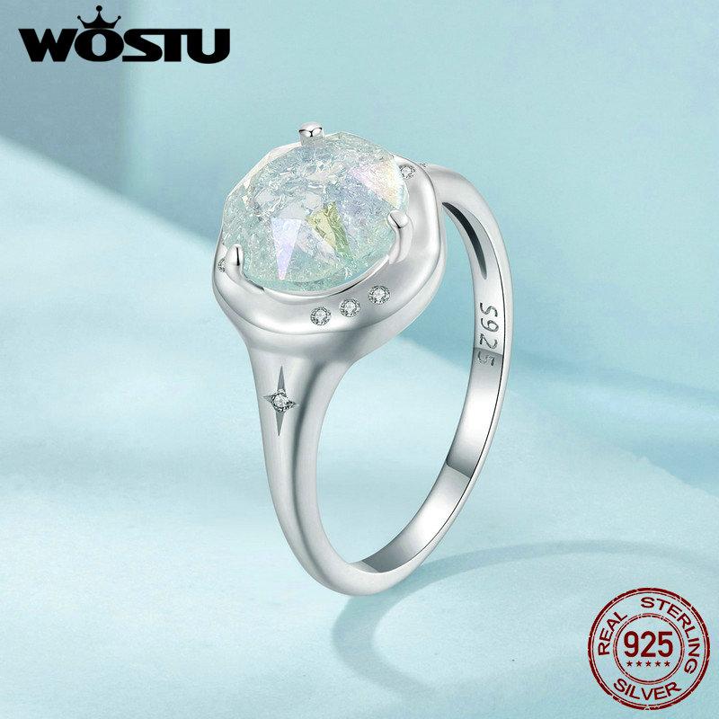 WOSTU 925 Sterling Silver Statement Jewelry Big Round 12MM Rainbow Crystal CZ Ring Women Girl Colorful Star Rings Wedding Party