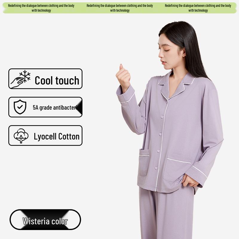 Women's Antibacterial Lyocell Tencel Pajama Set – Breathable Long Sleeve Pajamas with Long Pants for Spring and Summer.
