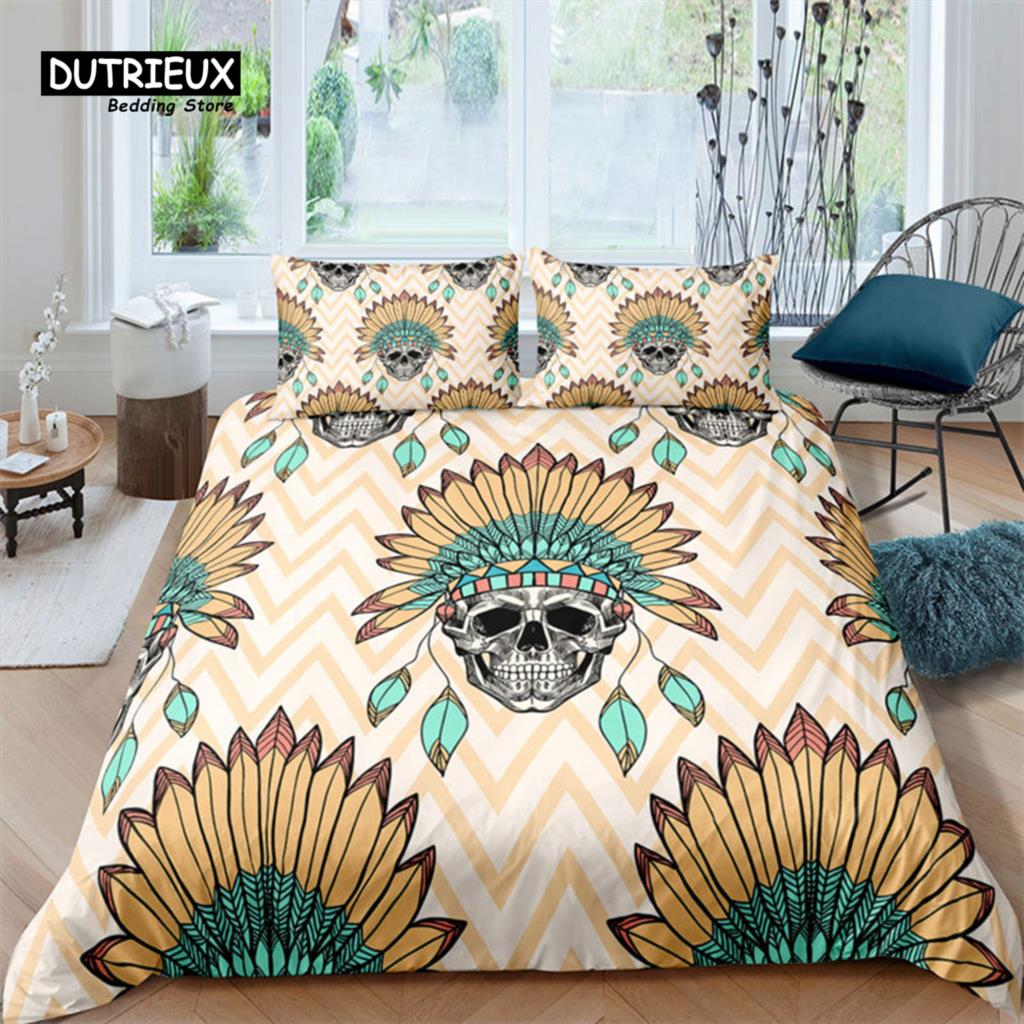 Colorful Sugar Skull Skeleton Quilt Cover Gothic Skull Bedding Set Queen Size Microfiber Horror Theme Feather Black Duvet Cover