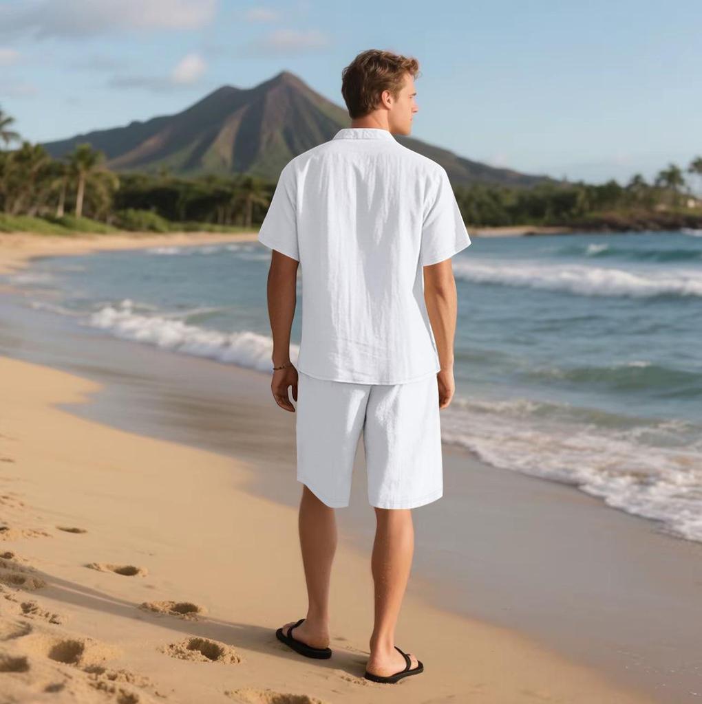 Men's Summer Linen Short-Sleeve Shirt & Shorts Set - Casual Loose Fit, Cotton-Linen Fabric.