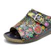Johnature Chaussures d'été pour femmes, pantoufles d'extérieur en cuir véritable, sandales plates confortables rétro peintes à la main, nouvelle collection 2023