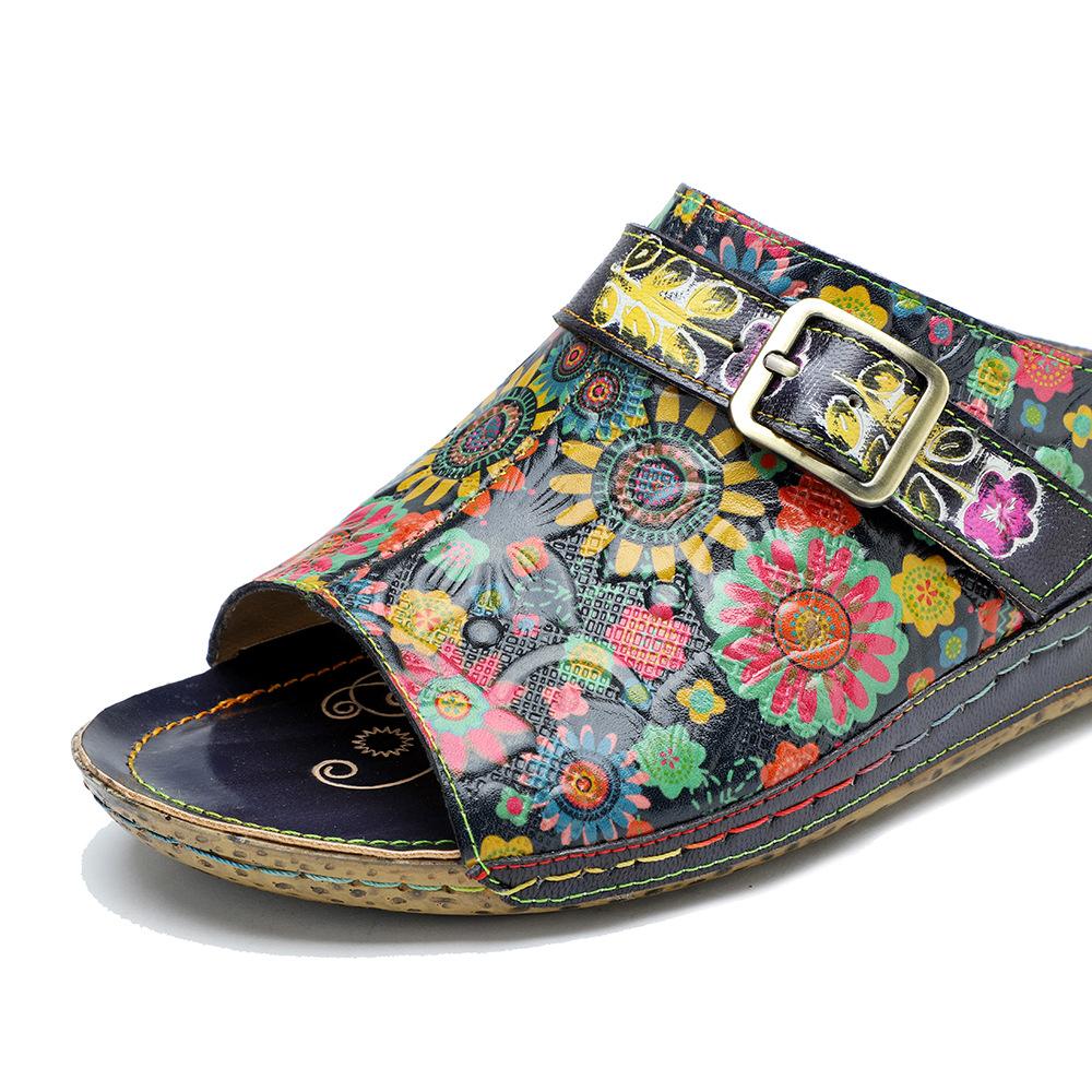 Johnature Chaussures d'été pour femmes, pantoufles d'extérieur en cuir véritable, sandales plates confortables rétro peintes à la main, nouvelle collection 2023