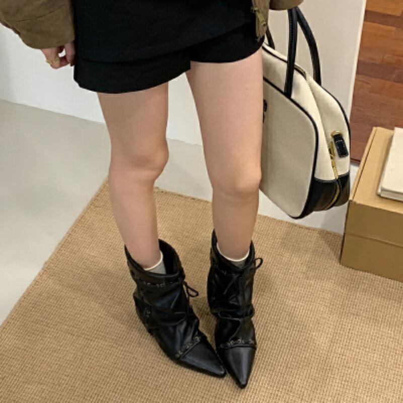 Short Boots Autumn and Winter Boots Fashion Inner Height Increase Pointed Head Wide Tube Slimming and Ankle Boots Sewing Line Pant Tube Boots