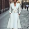 Women's Belted High Waist V Neck Long Sleeve Flared Midi Dress Party Formal Dress