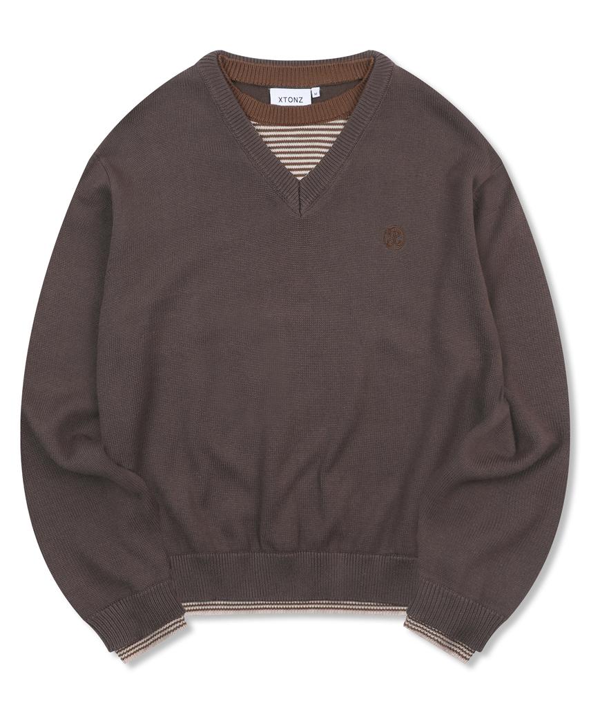 XTONZ Xtk180 Striped Layered V-Neck Pullover Knit (Brown)