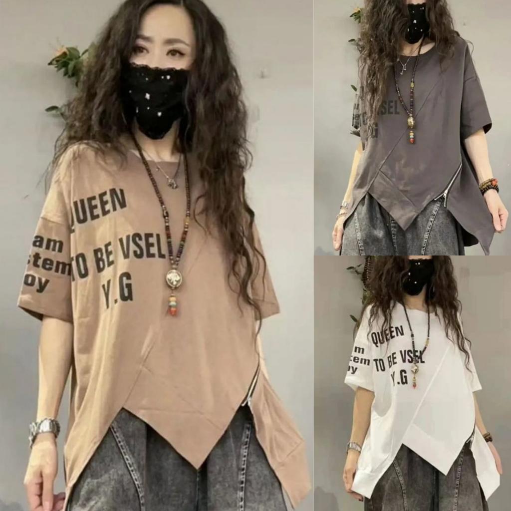 Summer Streetwear Letter Printing Irregular Zipper Tees Ladies Round Neck Loose Casual All-match Pullovers Ladies's T-shirt