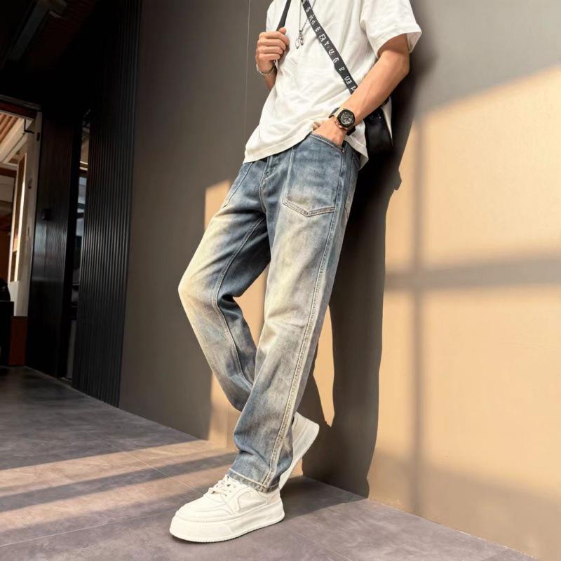 New men's washed jeans summer straight high street style ruffian handsome trousers American casual large size pants