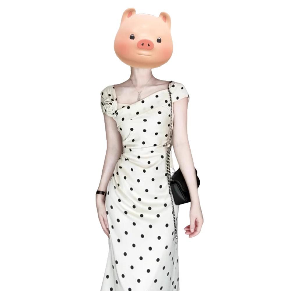 French temperament white polka dot dress women's summer new three-dimensional flower waist and hip dress