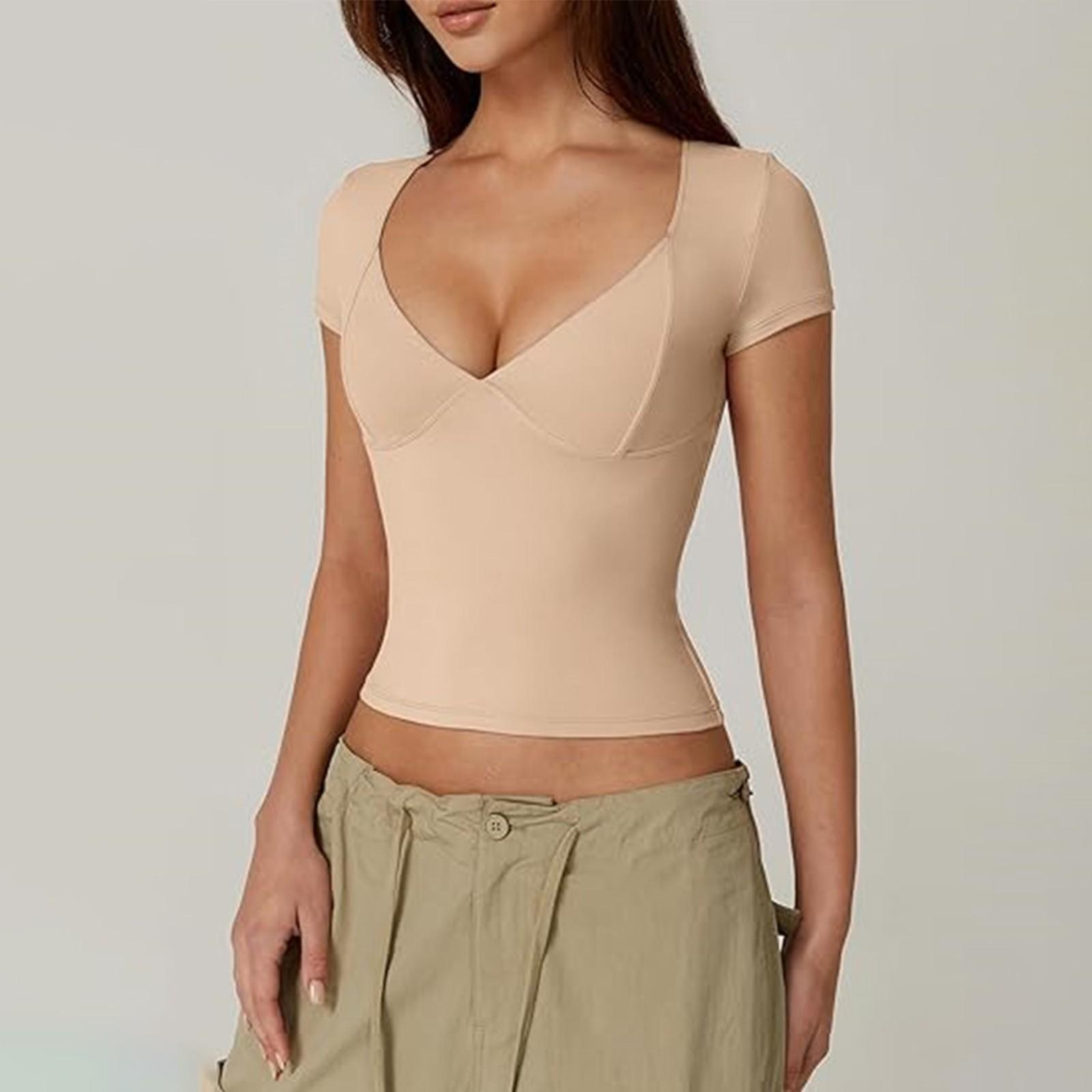 

Женский топ, облегающая футболка, топ с v-образным вырезом и низом, сексуальный однотонный топ с короткими рукавами, футболка M бежевый