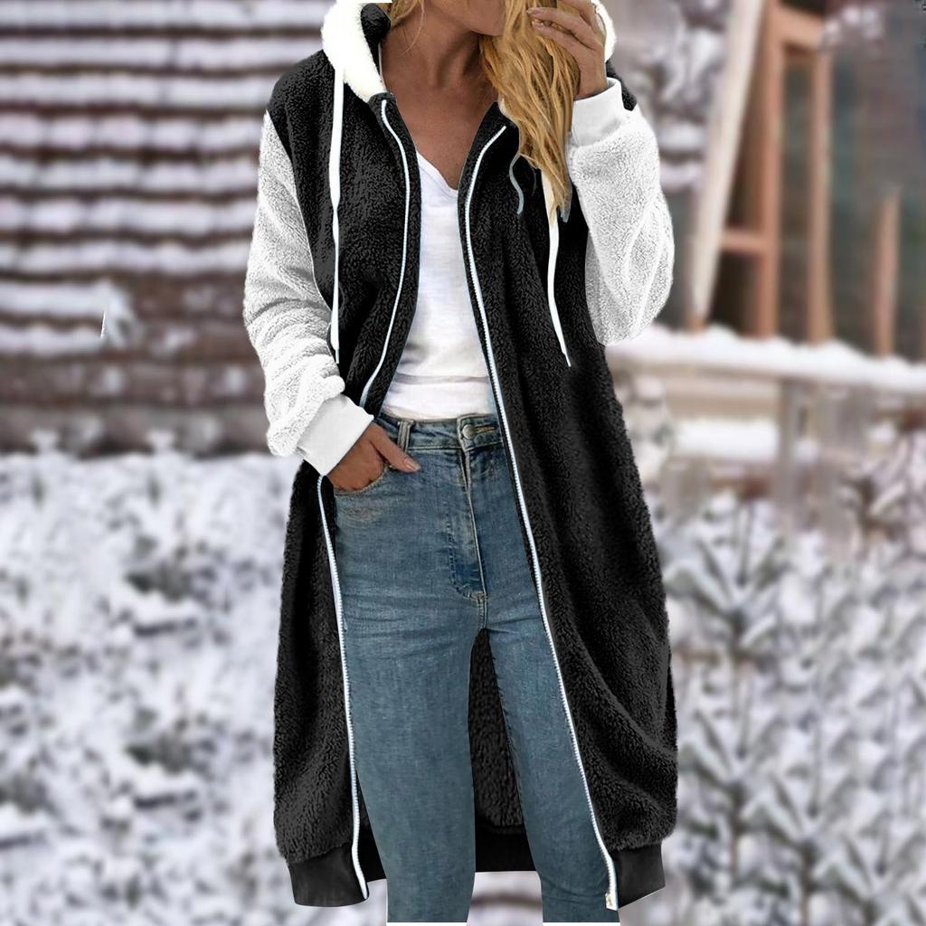 Cappotto con cappuccio e tasca in peluche bifacciale, tinta unita, lunghezza media, maniche patchwork, da donna