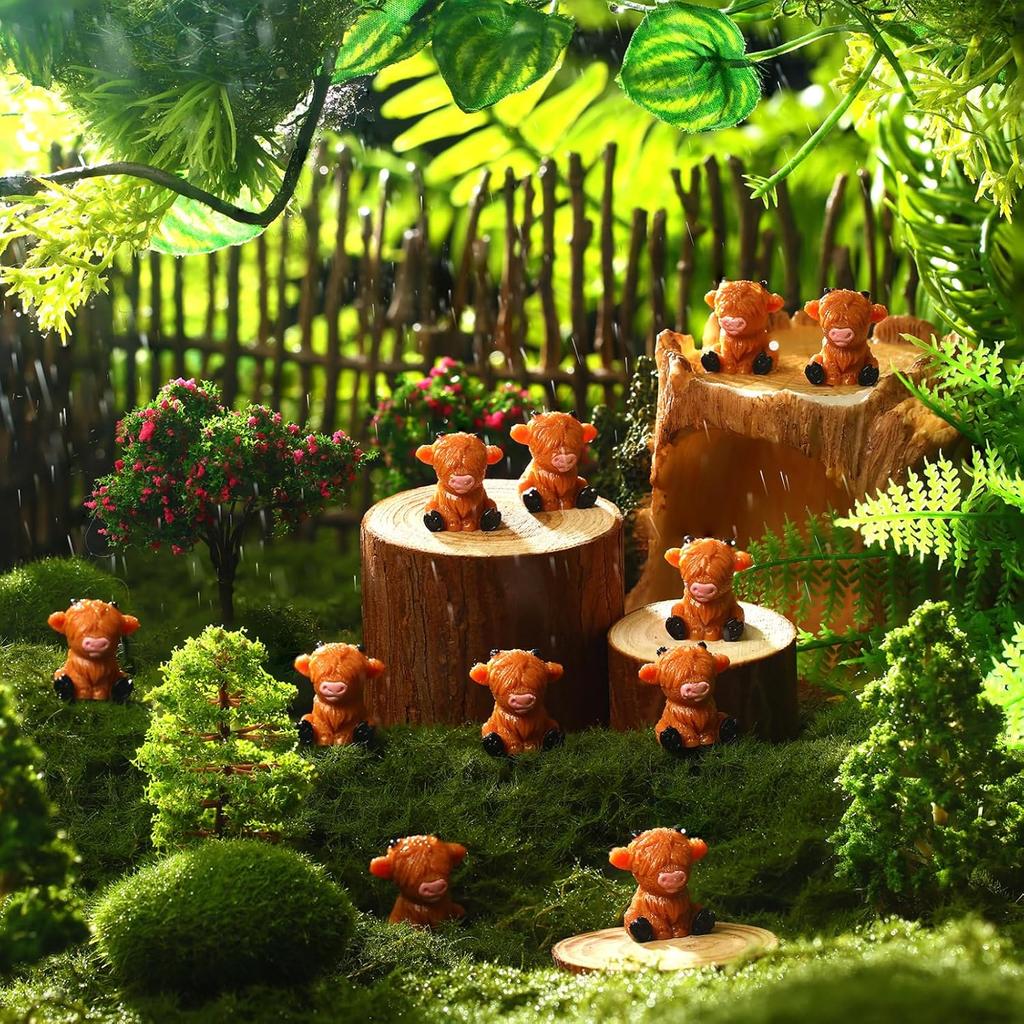 100 Pcs Mini Highland Cow Figurines Bulk Mini Cow Figurines Cake Decorations Cute Miniature Resin Sculpture Ornament Micro Landscape Office Garden