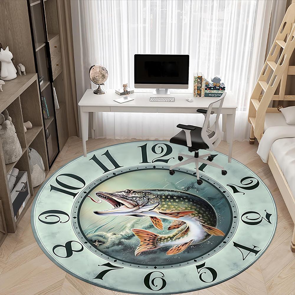 1pc Fish Clock Office Round Area Rug, Indoor Mat Suitable For Office, Under Office Chairs Bedroom Living Room Home Decor, Room Deco, 096