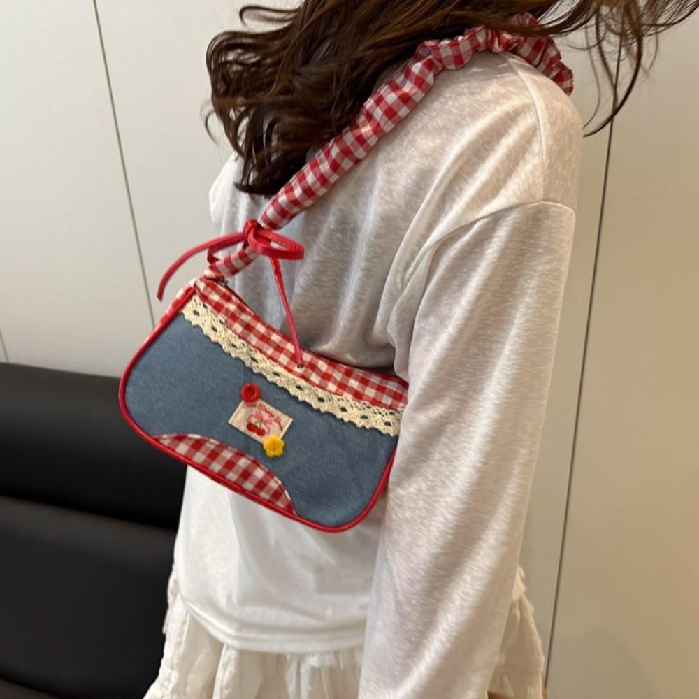 Leisure Lattice Shoulder Bag Rural Style Crossbody Bag Vintage Denim Underarm Bag  Women