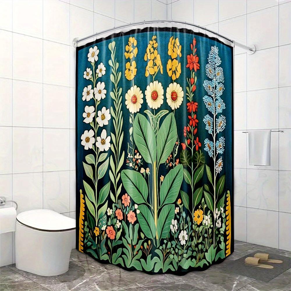 1 szt. Vintage zasłona prysznicowa botaniczna - Bujne zielone rośliny z jaskrawożółtymi, czerwonymi i niebieskimi kwiatami na głębokim turkusie, 70x70 cali Poliest