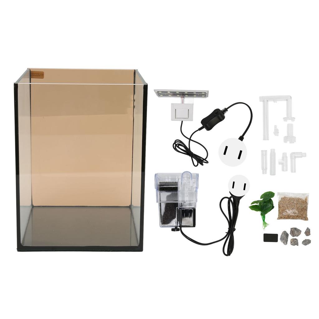 Glass Aquarium Kit LED Clip Light Safe Silent Black Cotton Filtration Free Water Change Small Fish
