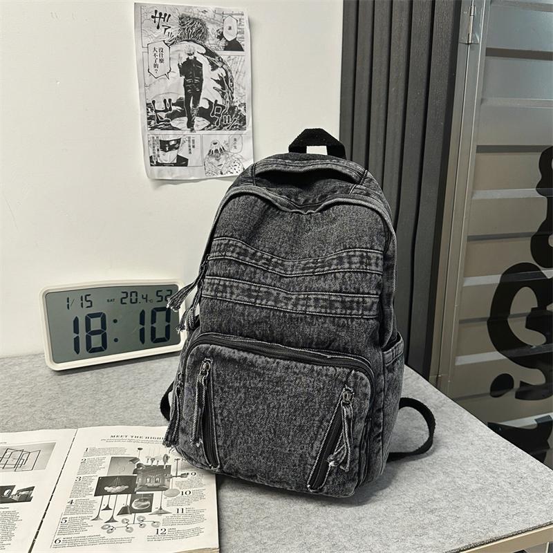Denim Backpack Large Capacity Student Schoolbag Travel Commuter Backpack