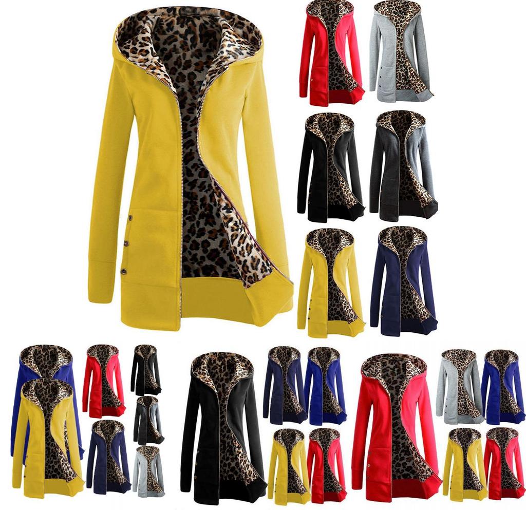Womens Stylish Zip Hooded Coat With Leopard Print Hoodie And Warm Winter Outerwear