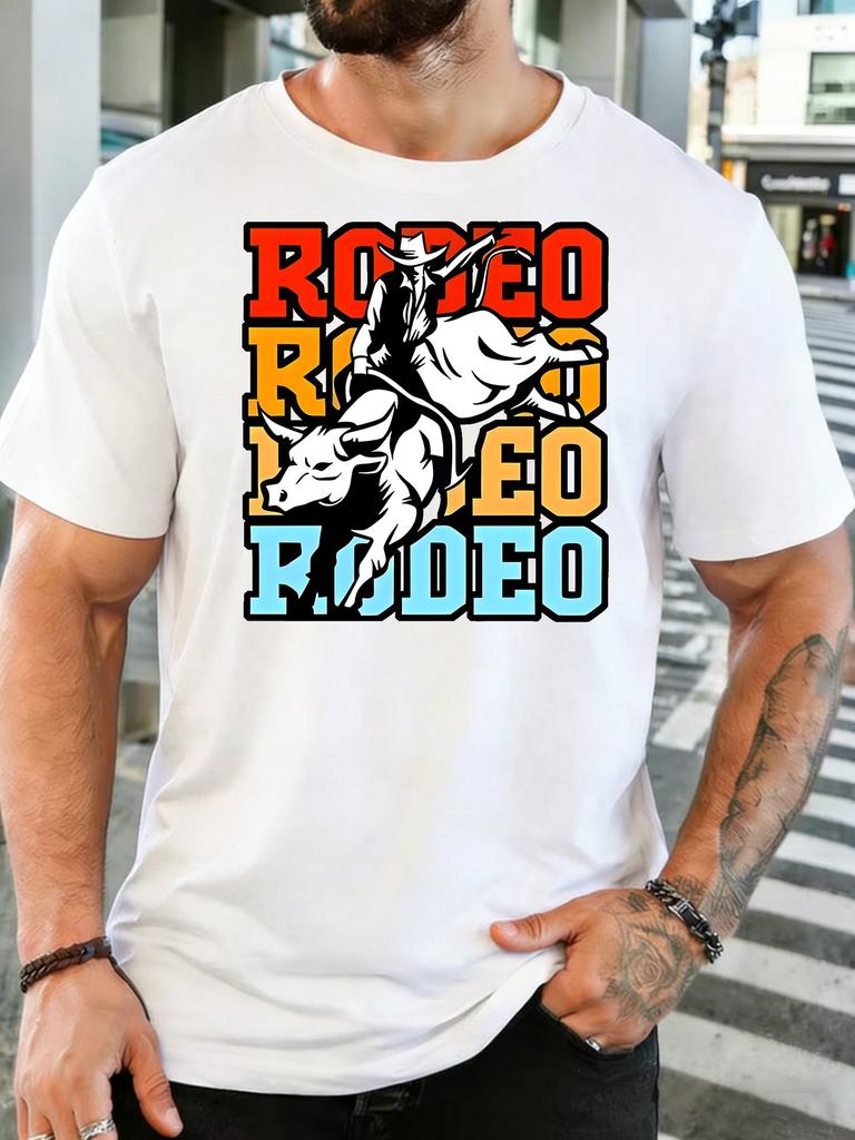 Unisex Western Rodeo Bull Cowboy Retro Art Graphic Cotton Short Sleeve Tee Crew Neck Soft Male Summer Casual Breathable Street Top