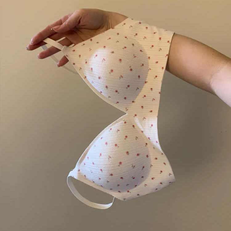 Women's Summer Sweet Floral Seamless Bra Push-Up Naked Feeling Soft Support Anti-Drooping Side Boob Control Underwear