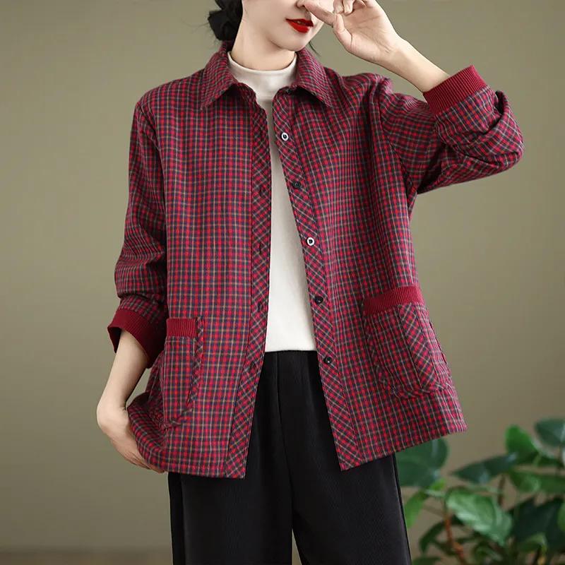

Женская осенняя модная свободная тонкая куртка с плюшем - Верхняя одежда в стиле клетчатой рубашки M красный