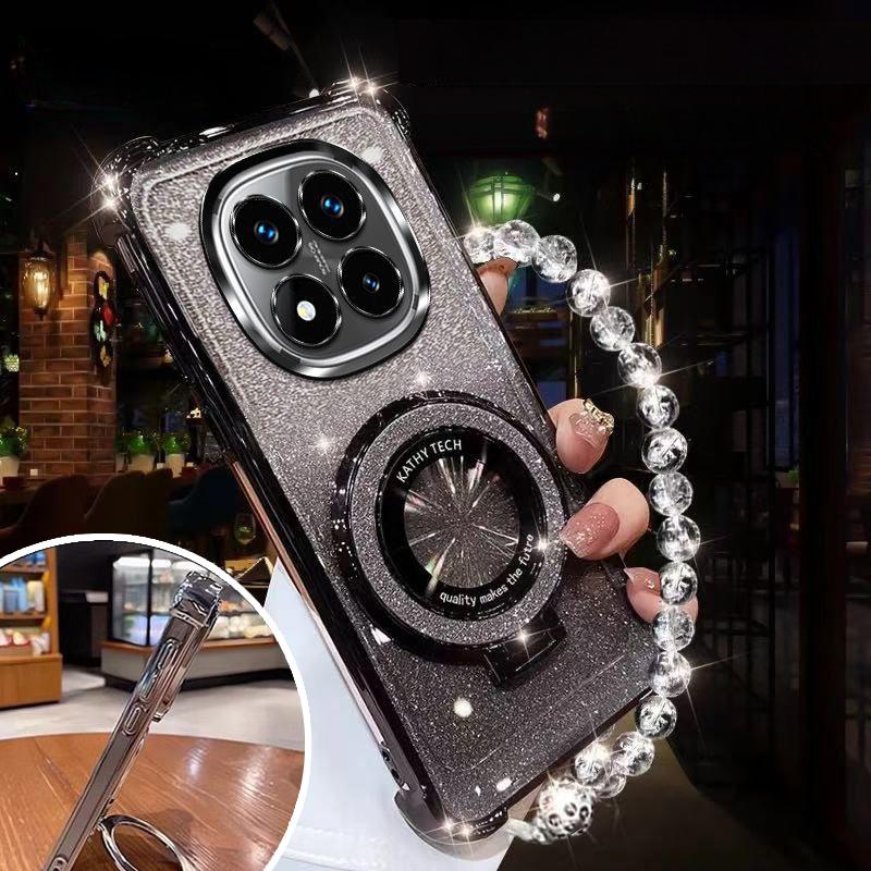 Glitter Magnetic Holder Bracket Case For Xiaomi Redmi Note 14 15 Pro Plus 15 15C 14C 14S 4G 5G Crystal Bracelet Silicone Cover