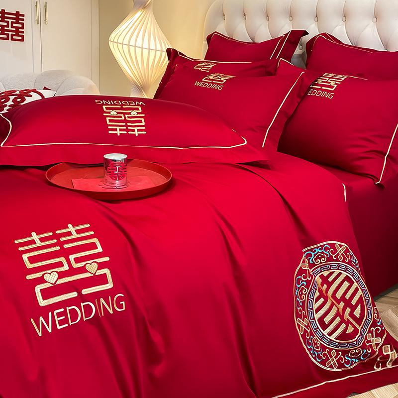 Skin Friendly Cotton Brushed Wedding Embroidery 4-piece Set, Big Red Wedding Bed 4-piece Set, Modern Style Wedding 4-piece Set
