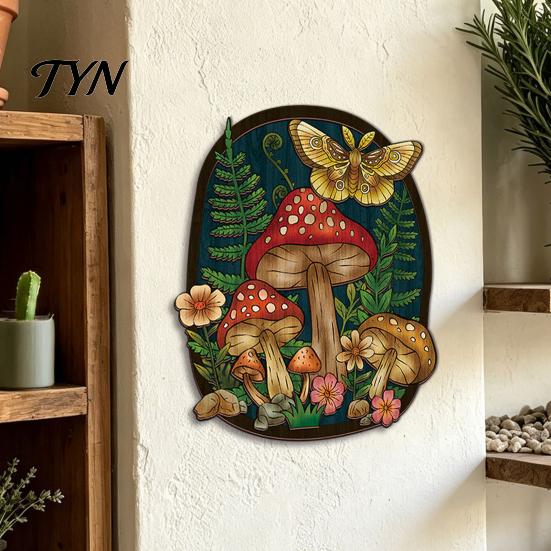 Rustic Bedroom Decor Boho Moon Mushroom Wall Hanging Decor, Vintage Forest Multi-Layer Wooden Plaque, Floral Nature Inspired Art Butterfly Themed