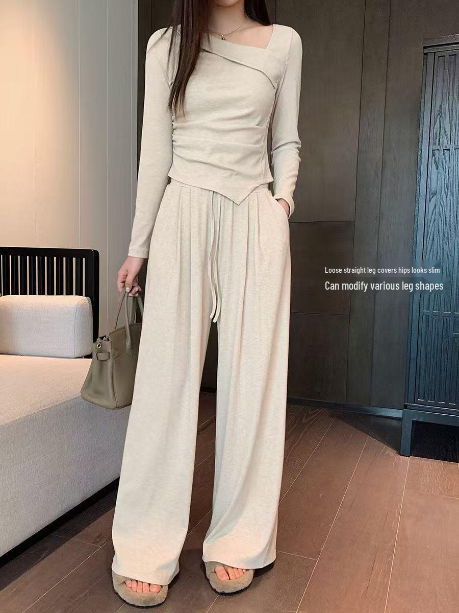 French-Inspired Oblique Collar Slim Fit Women’s Autumn Waist-Tailored Pleated Shirt Set L