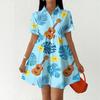 Women Casual Loose Fit Shirt Dress Button Front Stand Collar Short Sleeve Hawaiian Print Summer Dress