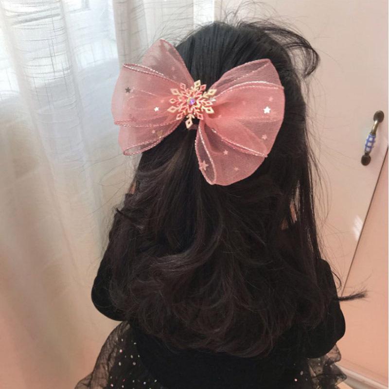 Princess Snowflake Bow Hair Clips for Girls - Cute Pink Korean Style Headwear