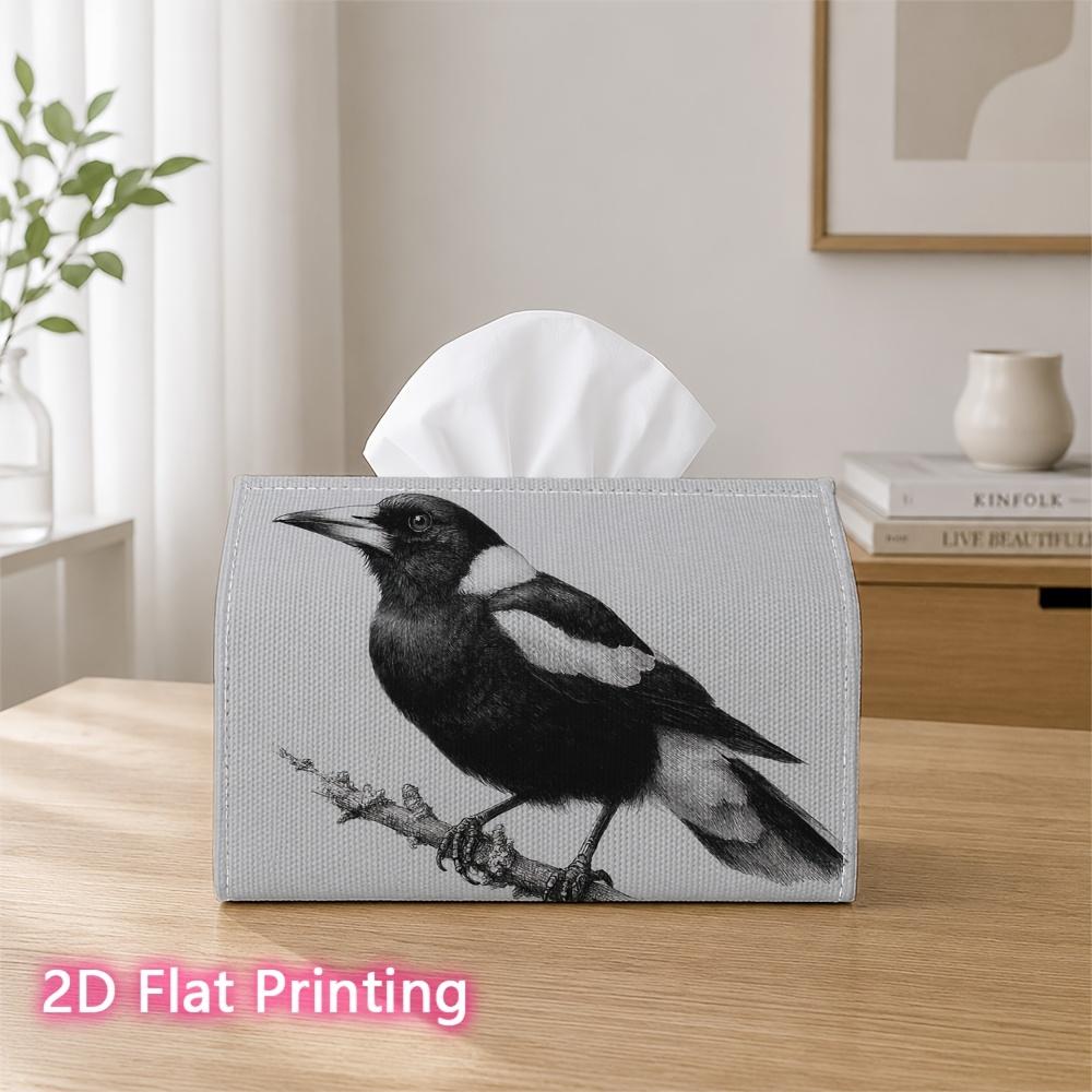 1pc 2d Flat-printed 17.78x10.92x12.95cm Tissue Box Monochrome Magpie Bird On Branch Sketch Suitable for Home, Office, Vehicle and Party Settings CC608
