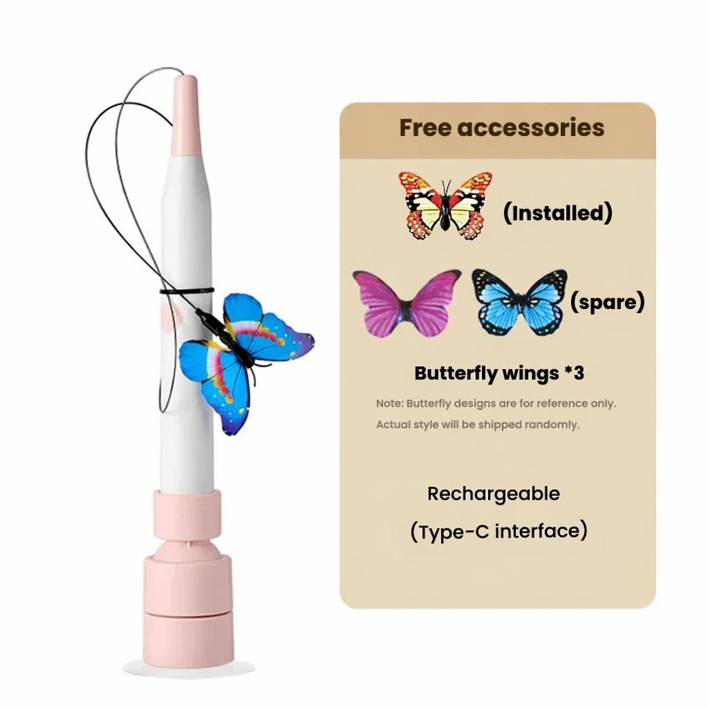 80cm Long Flexible Electric Butterfly Cat Wand, Auto Rotating Cat Teaser Toy, Boredom Relief Interactive Cat Play Toy
