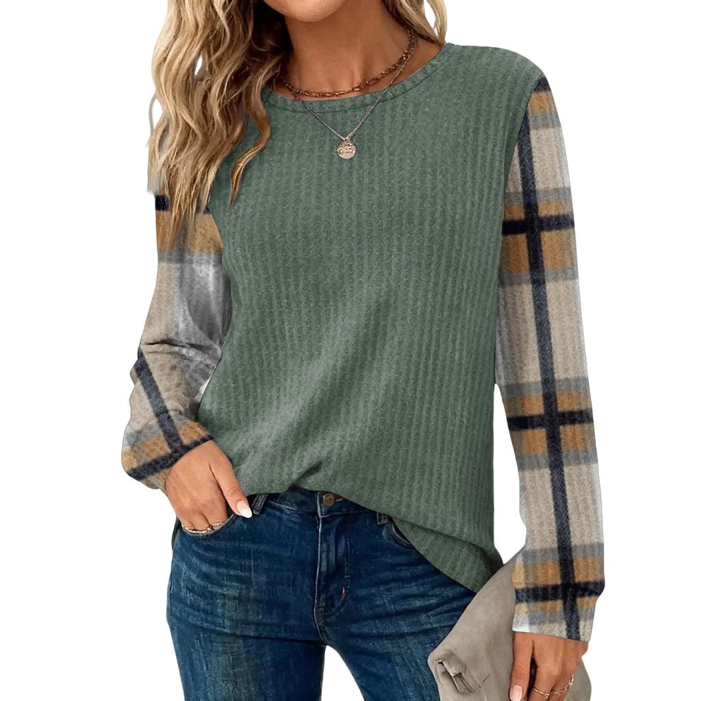 Women's Plaid Print Round Neck Long Sleeve Casual Loose Top