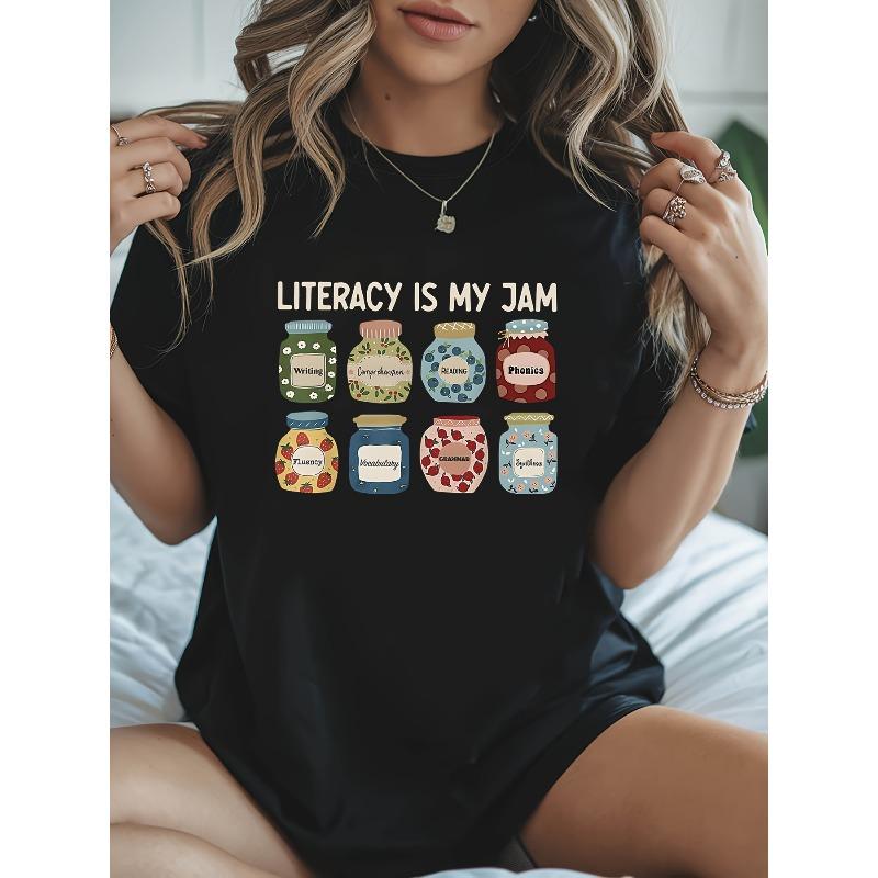 

Plus Size, Literacy Is My Jam Graphic Print Plus Size Women s T-shirt, Short Sleeve Crew Neck Casual Top for Summer & Spring, Women s Clothing S чёрный