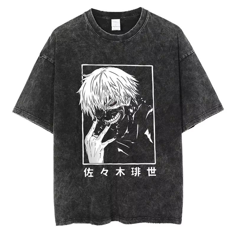 Women's Washed Tokyo Ghoul Ken Kaneki Vintage Washed T-Shirt Sweatshirt Crew Neck Anime Shirt for Fans Clothing Top