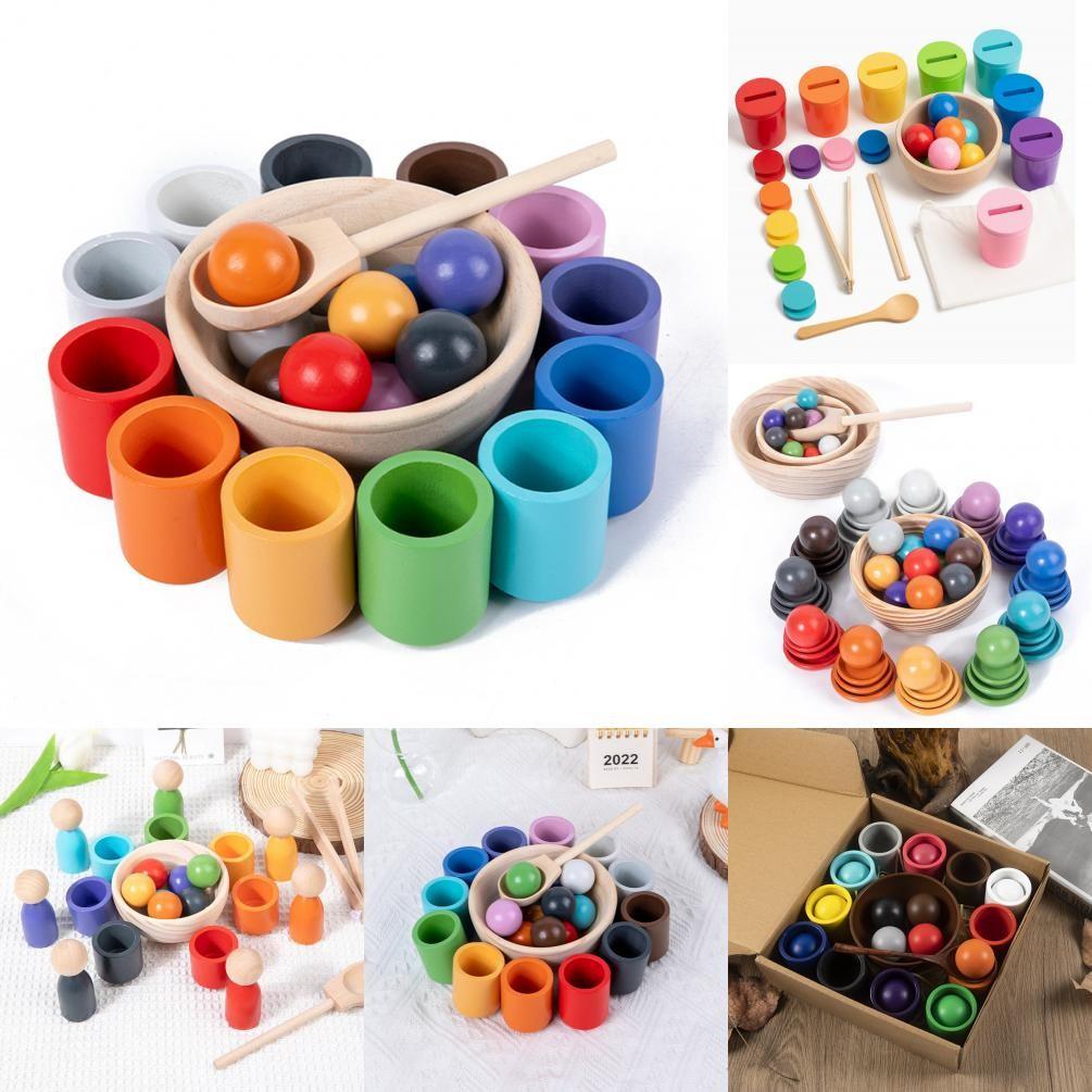 Ball Educational Wooden Cup Set For Childrens Color Recognition Cognitive Skills