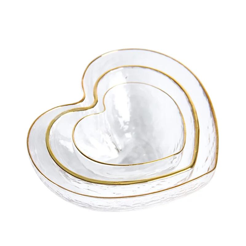 Creative Glass Heart-Shaped Bowl - Golden Edge Salad & Noodle Bowl, Crystal Breakfast Tableware with Decorative Design