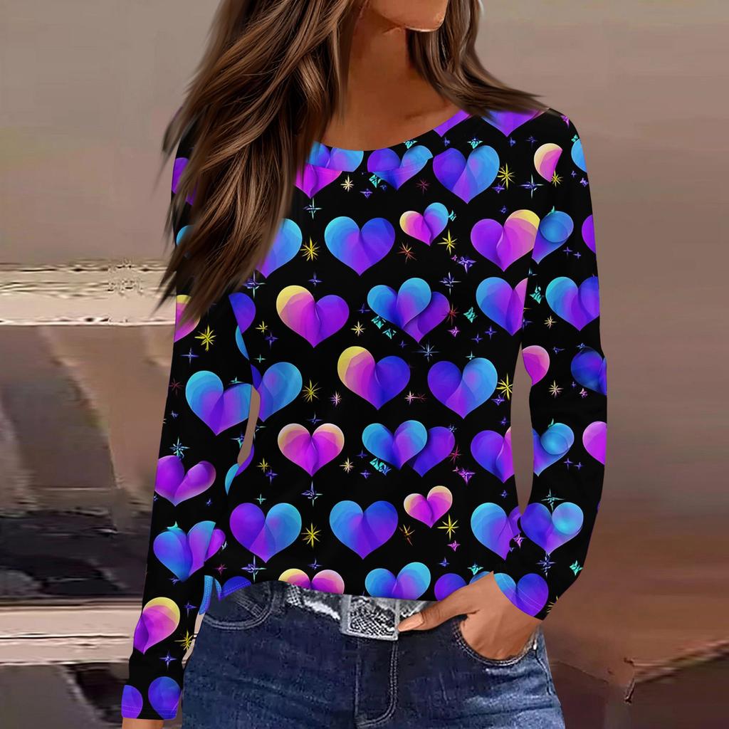 Damen Modisches Langarm-Rundhals-Oberteil mit Schlitzsaum und Valentinstag-Herzprint