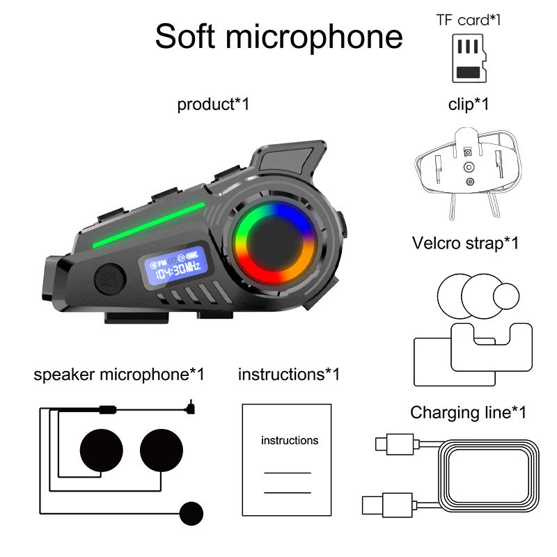 

1080P RGB Гарнитура для мотоциклетного шлема Wifi DVR Bluetooth V5.4 Звонок в режиме громкой связи FM-радио GPS Запись истории маршрута TF-карта Видеорегистратор