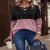 Women's Spring and Autumn V-neck Cross-contrast Stitching Raglan Sleeve Casual T-shirt Top