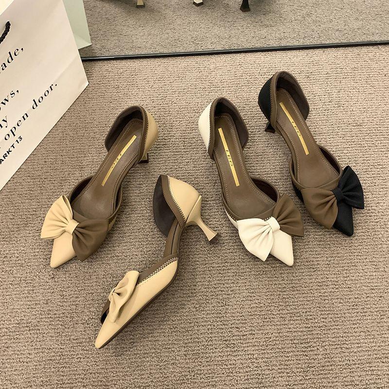 Spring and Summer Fine with High-heeled Shoes Female French Retro Bow Pointed Shallow Mouth Sandals