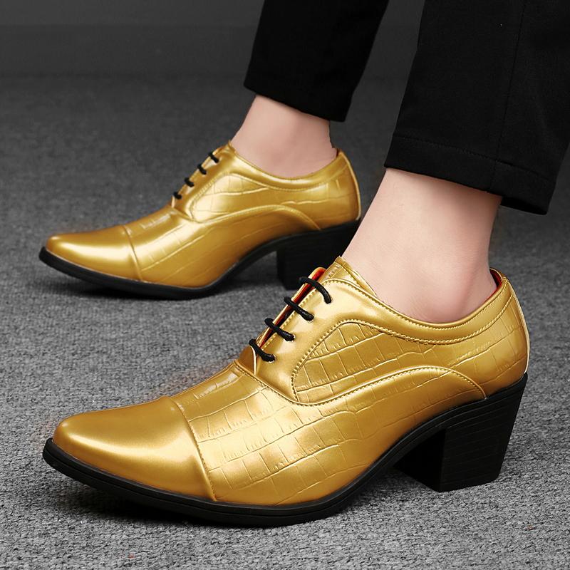 2026 Luxury Golden High Heel Shoes Men Fashion Business Formal Shoes Man Wedding Shoes Size 46 Pointed Toe Leather Shoes Men