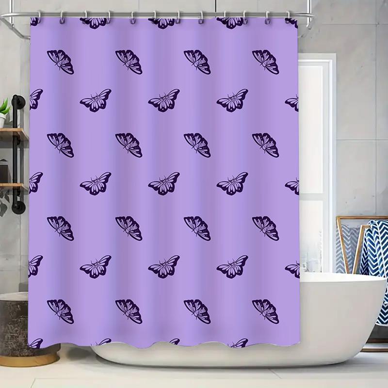 Purple Butterfly Shower Curtain Fabric Waterproof Bathroom Decor Lavender Butterfly Bath Mat Printed Shower Curtain with Rod Poc 90x180cm