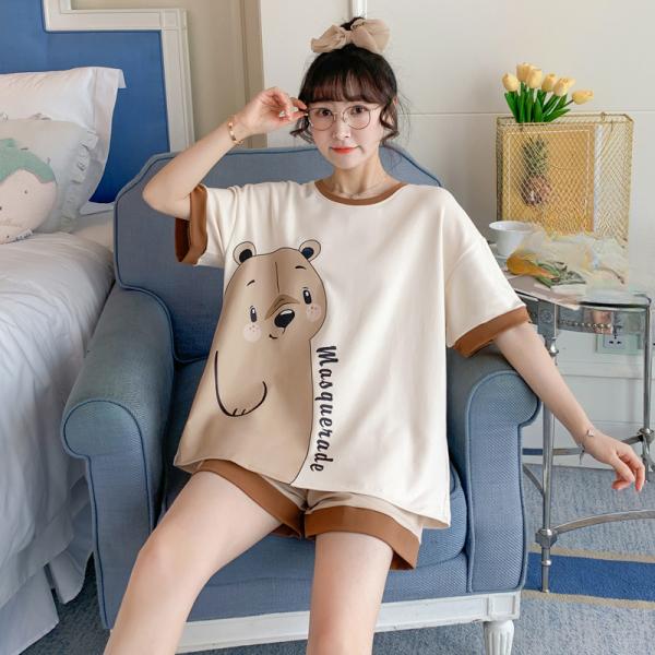 Women's Pajamas Set Summer Cute Cartoon Print Leisure Young Girls Sleepwear Short Sleeve Tops and Shorts Pijamas Women Homewear