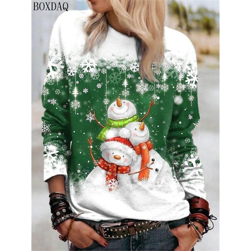 Cartoon Christmas Snowman Women Long Sleeve T-shirts Autumn Winter Christmas Style