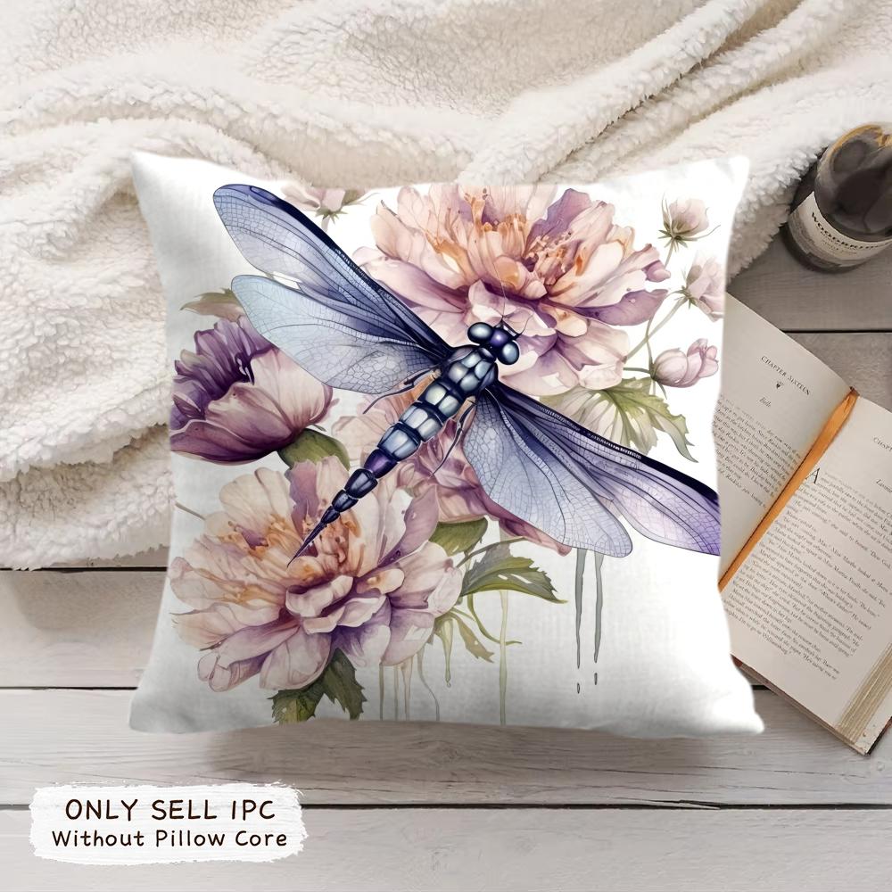 Dragonfly And Flower Cushion Cover Soft Short Plush Pillow Cover Smooth Cozy Texture Aesthetic Cushion Case Home Decor