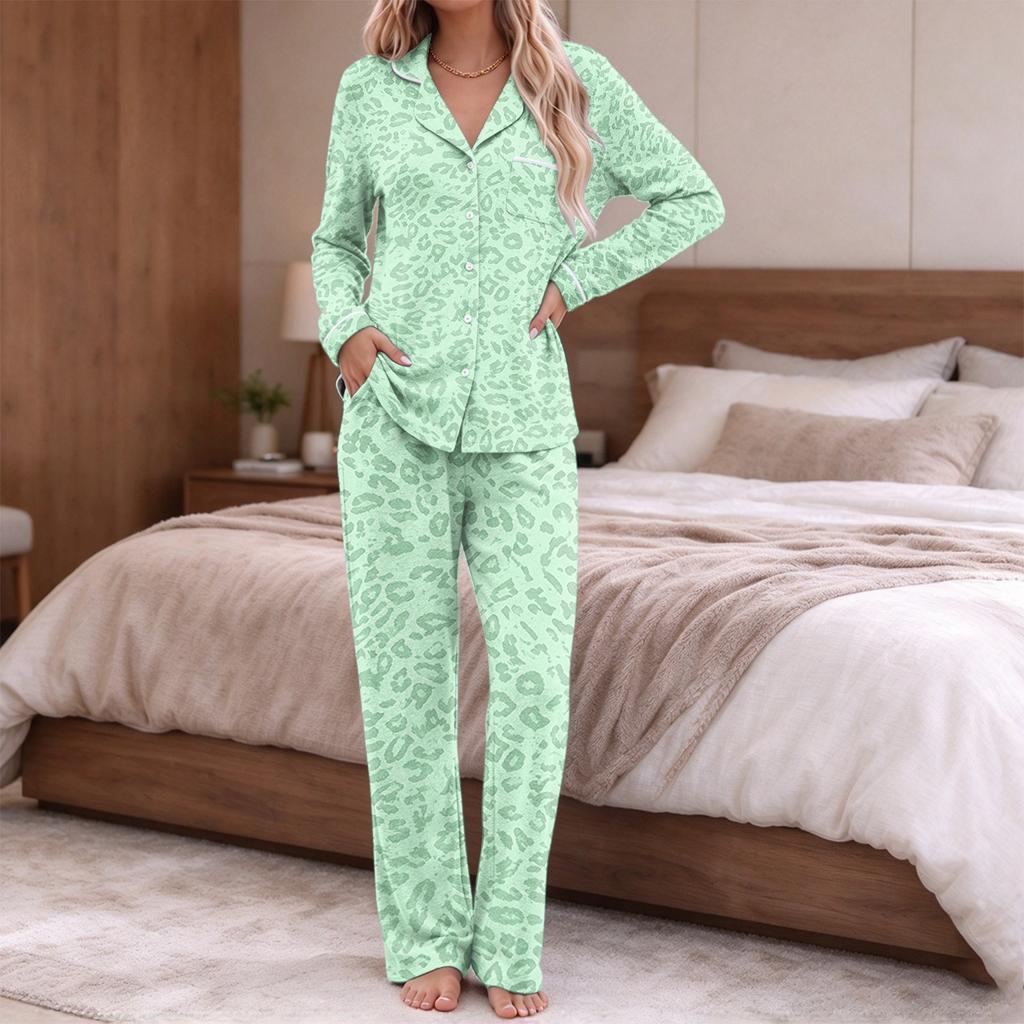 Women's Printed Pajama Set Long Sleeve V-Neck Button-Up Top and Pants with Pockets for Loungewear