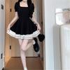 Black Swan Contrasting Color Short-sleeved Skirt, Small Black Skirt, Thin A-shaped Dress, Hepburn Elastic Elastic Waist Skirt