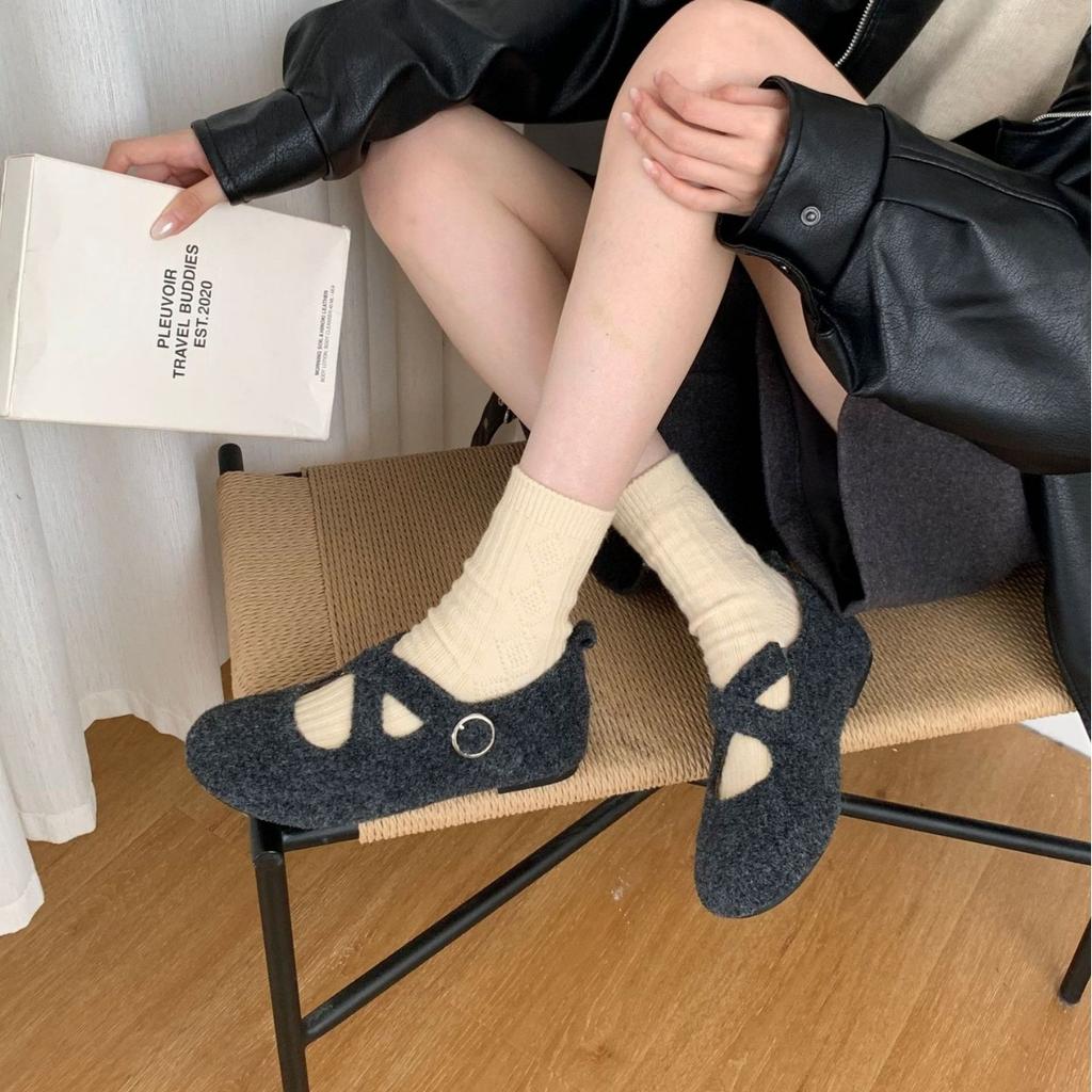 2025 Autumn and Winter New Round Head Lace-up Thick Sole Strap Ballet Woolen Fabric Doudou Non-slip Women's Single Shoes